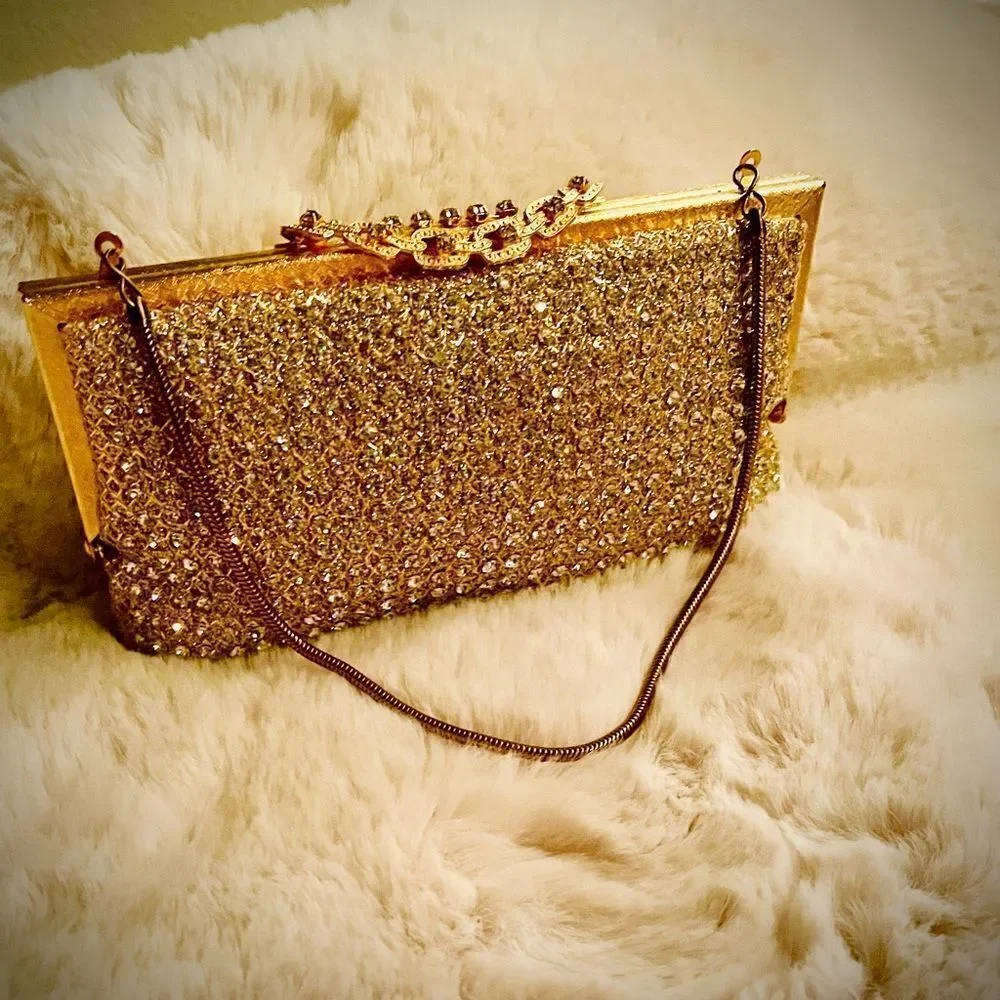 ♥️ Vintage Rhinestone Gold Women's Clutch Purse 60s Hong Kong